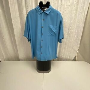 Eagle Dry Goods Men's L 100% Silk Shirt Blue Herringbone Short Sleeve Button Up